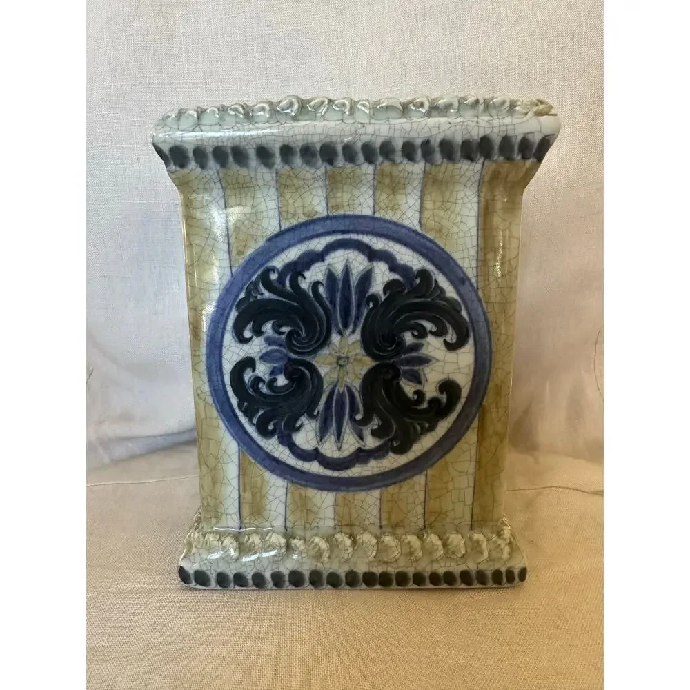 Maitland Smith Vintage Blue Porcelain Jar Chinoiserie Utencil holder square